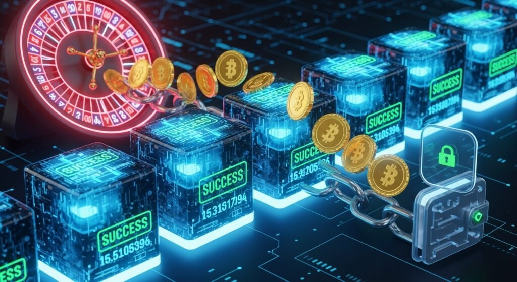 엑시트벳의 게임 결과가 블록체인상에 투명하게 기록되는 과정을 형상화한 아트.